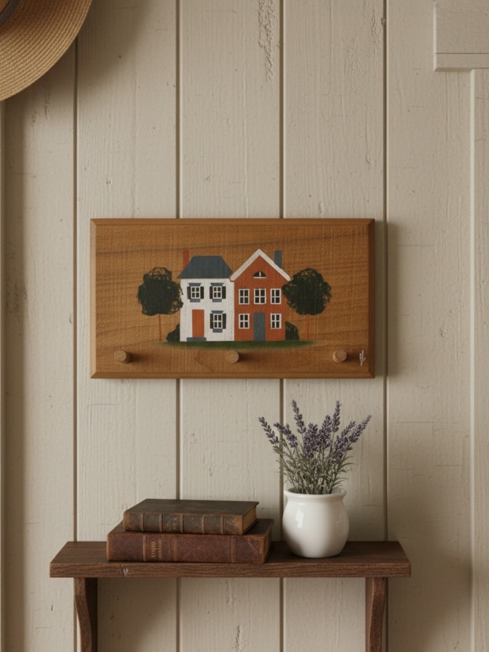 Vintage Priscilla Peddler Collection Folk Art Wooden Peg Key Holder